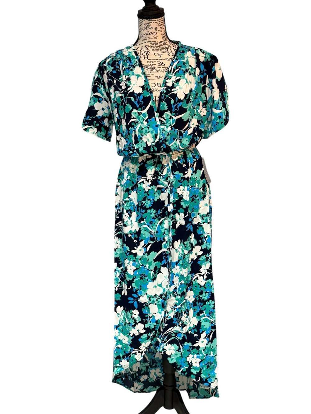 NWT Fraiche by J Blue Floral Maxi Dress Size Medium Faux Wrap Elastic Waist